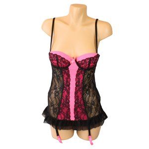 La SENZA Lightly Lined Merry Widow Corset Lingerie Small Black Pink Lace T69